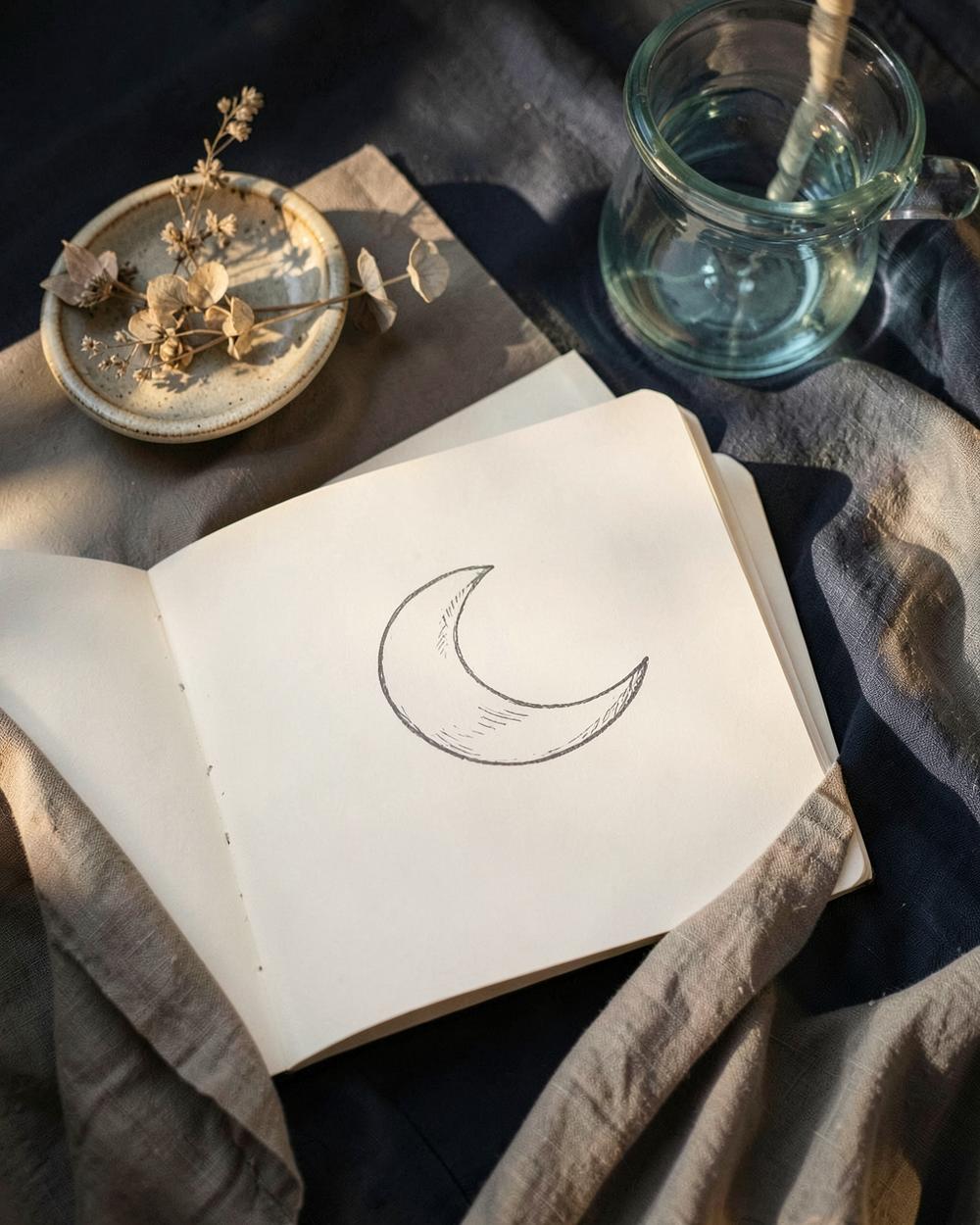 Open journal with a crescent moon sketch beside a glass and botanical detail