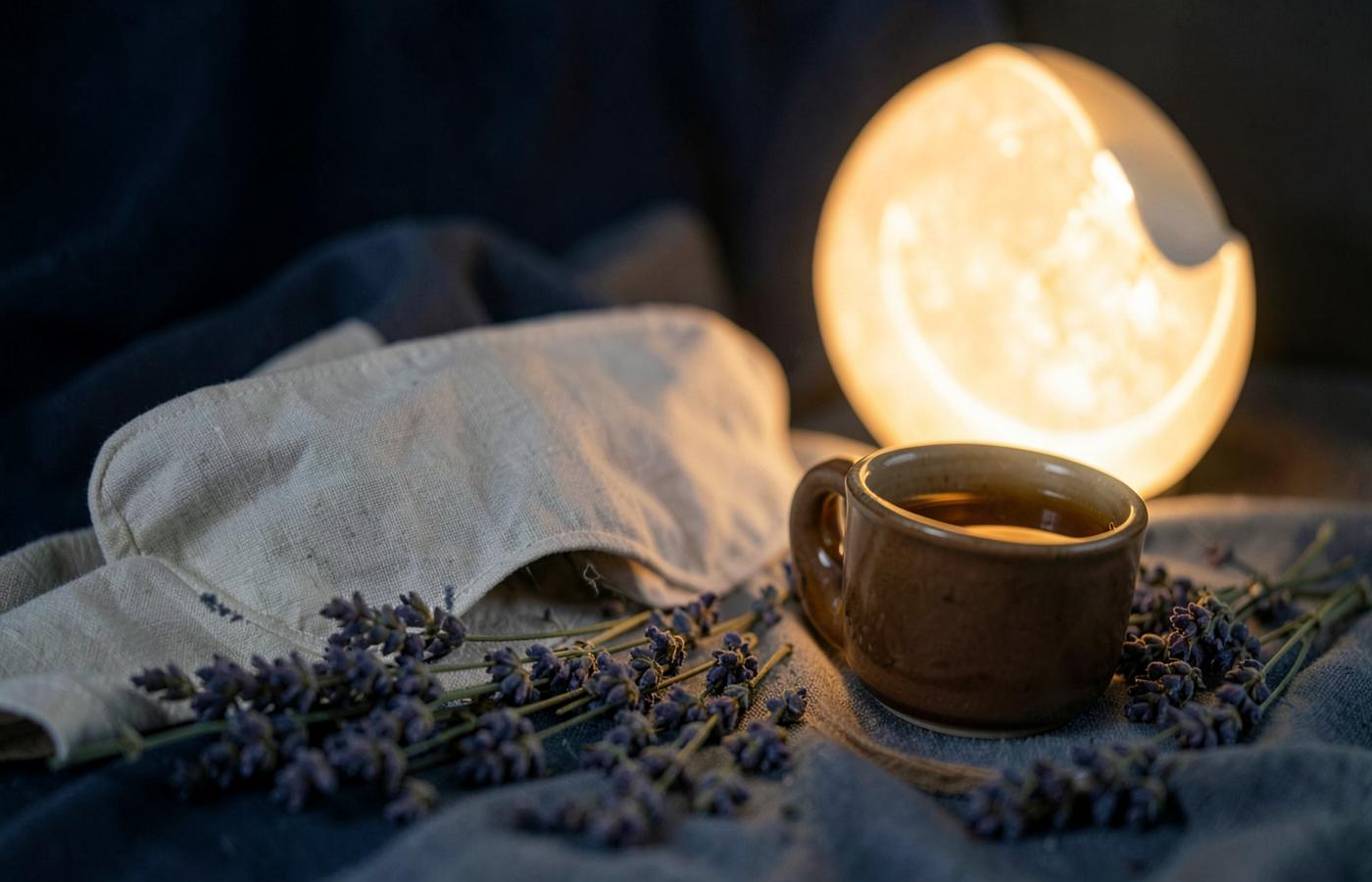 Sleep mask, herbal tea and lavender arranged for a night-time ritual